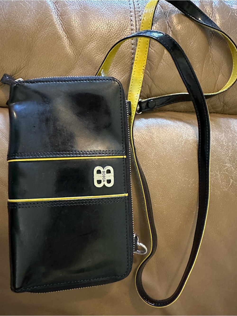 Bosca Black and Yellow Patent Leather Crossbody Bag